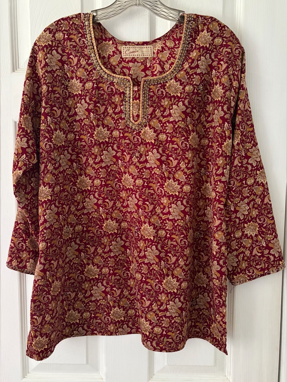Burgundy & Gold Embroidered Floral Tunic